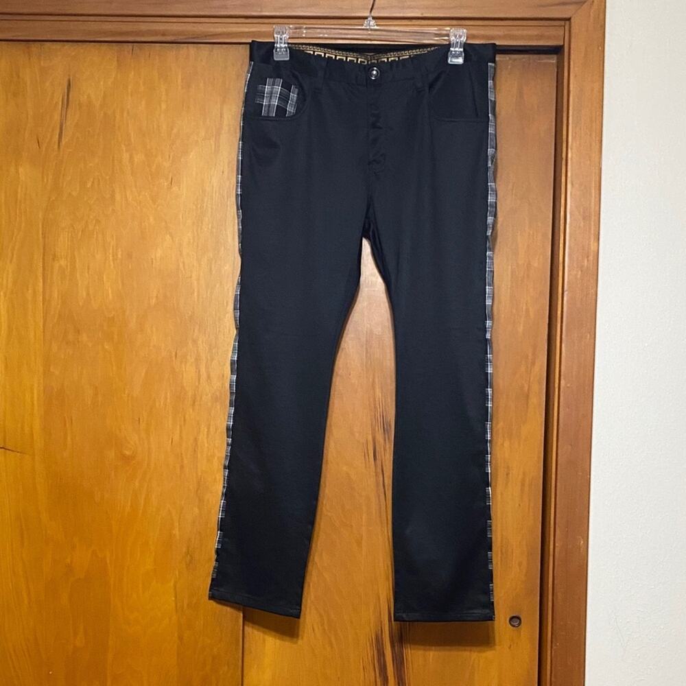 Stacy Adams Men's Black Gold Patterned Pants Plaid Stripe Detail Street Skate